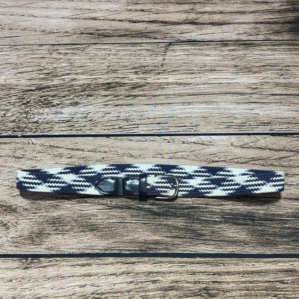 Brooks Brothers Braided Belt Mens 36 Blue White Woven Cotton Leather Trim